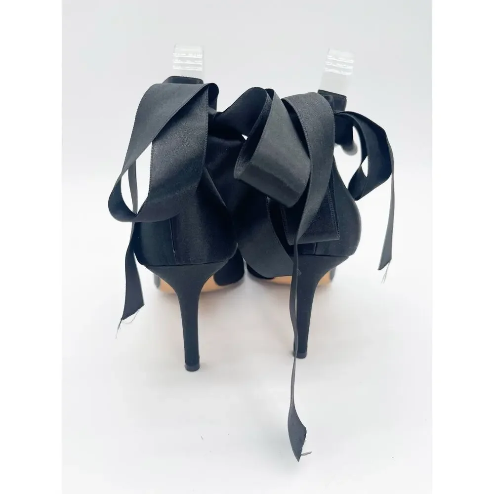 Chanel Vintage Black Satin Crystal Logo Ankle Lace Up Ballet Pumps Heels EU 37.5